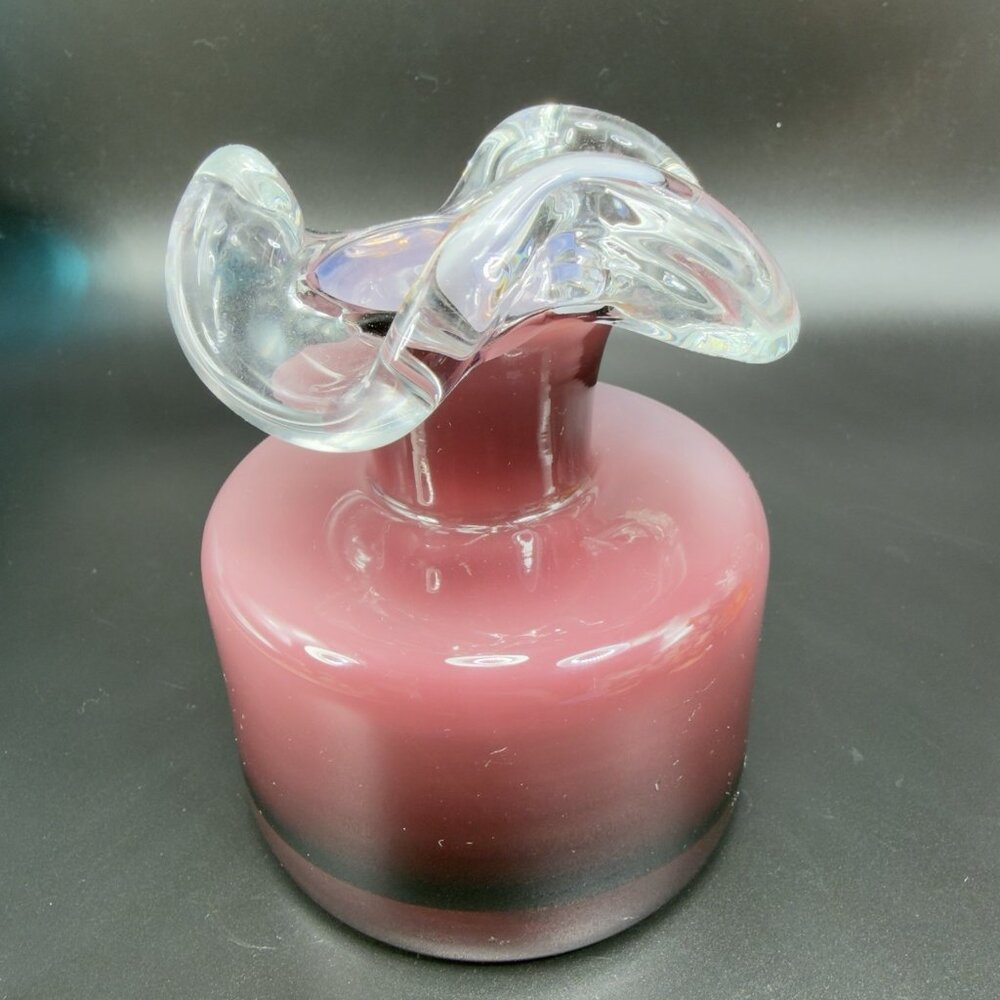 1980s Tarnowiec Glassworks Glass Vase Purple Amethyst With Ruffled Clear Top VTG
